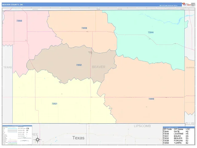 Beaver County, OK ZIP Code Wall Map, ColorCast style