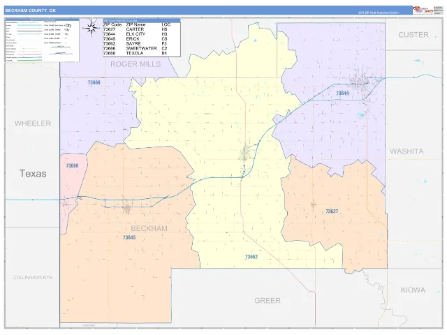 Beckham County, OK ZIP Code Wall Map, ColorCast style