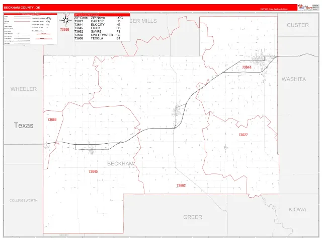 Beckham County, OK ZIP Code Wall Map, RedLine style