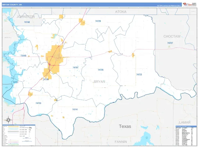 Bryan County, OK ZIP Code Wall Map, Business Reference style