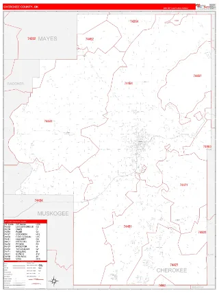 Cherokee County, OK RedLine style ZIP Code wall map