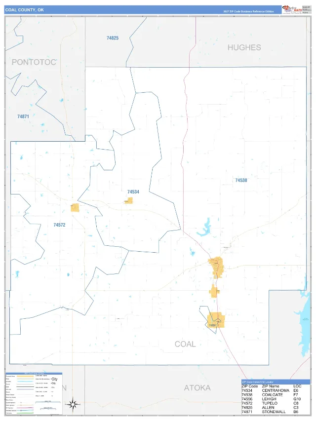 Coal County, OK ZIP Code Wall Map, Business Reference style