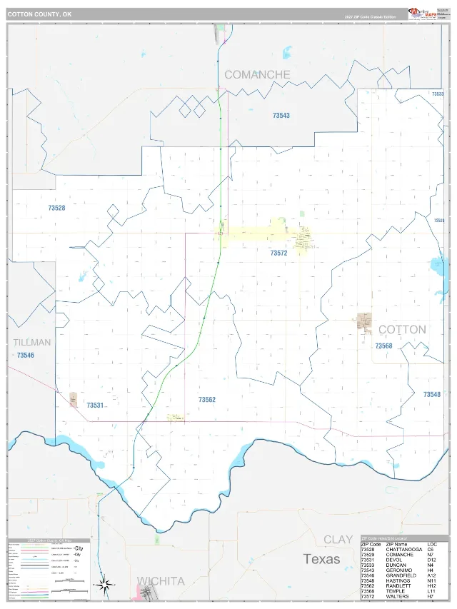 Cotton County, OK ZIP Code Wall Map, Classic style