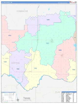Cotton County, OK ColorCast style ZIP Code wall map