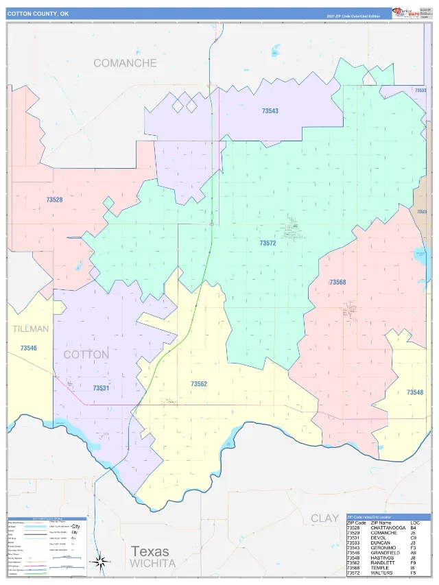 Cotton County, OK ZIP Code Wall Map, ColorCast style