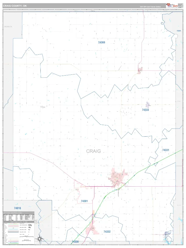 Craig County, OK ZIP Code Wall Map, Classic style