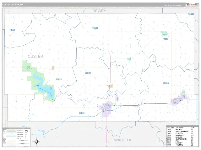 Custer County, OK ZIP Code Wall Map, Classic style