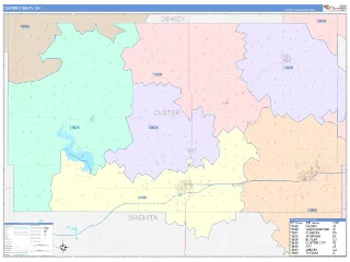 Custer County, OK ColorCast style ZIP Code wall map