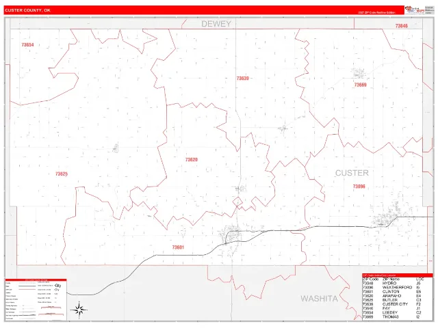 Custer County, OK ZIP Code Wall Map, RedLine style