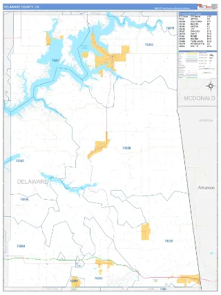 Delaware County, OK Business Reference style ZIP Code wall map