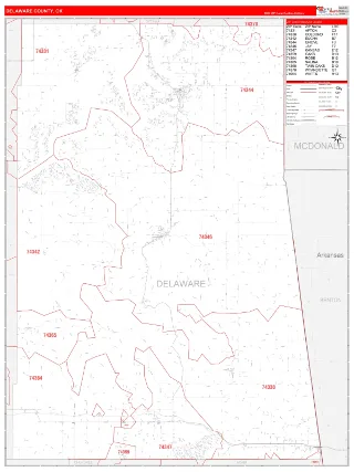 Delaware County, OK RedLine style ZIP Code wall map
