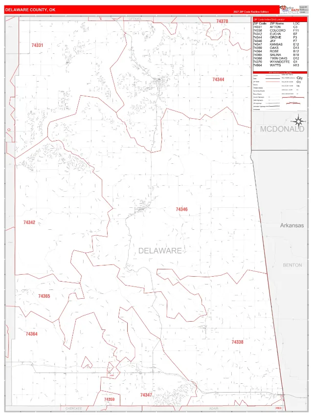 Delaware County, OK ZIP Code Wall Map, RedLine style