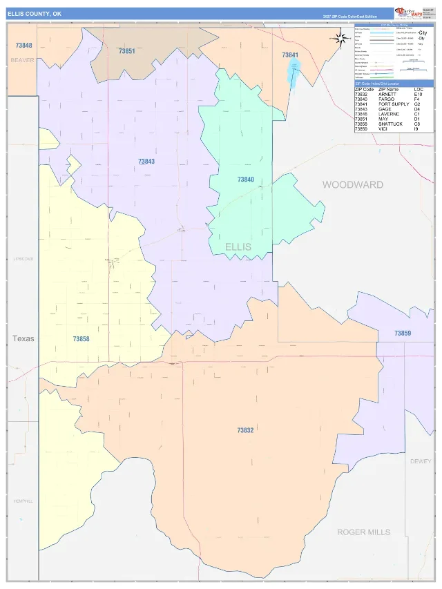 Ellis County, OK ZIP Code Wall Map, ColorCast style