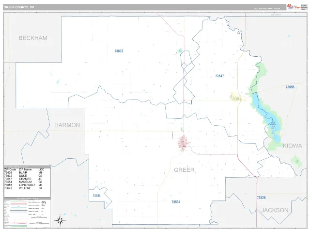 Greer County, OK ZIP Code Wall Map, Classic style