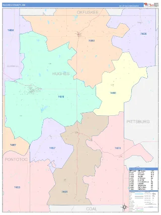 Hughes County, OK ColorCast style ZIP Code wall map