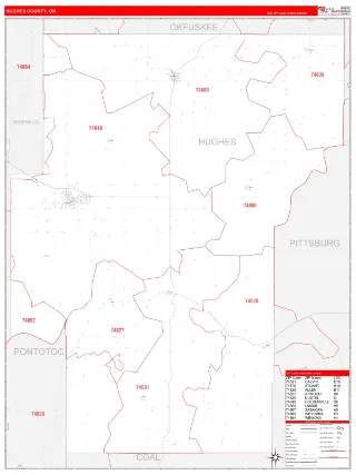 Hughes County, OK RedLine style ZIP Code wall map