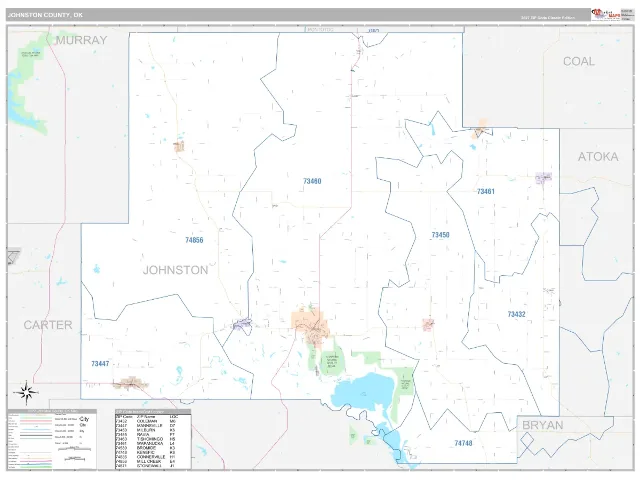 Johnston County, OK ZIP Code Wall Map, Classic style