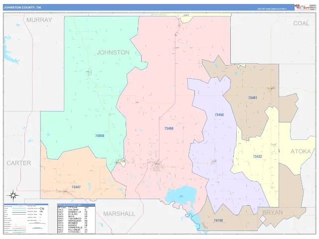 Johnston County, OK ZIP Code Wall Map, ColorCast style