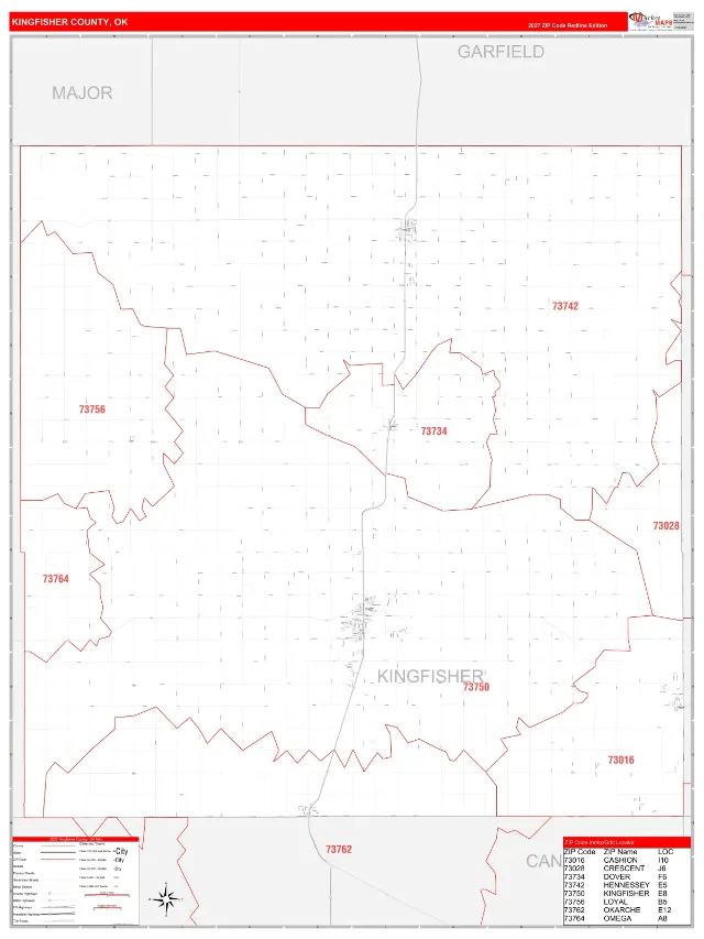 Kingfisher County, OK ZIP Code Wall Map, RedLine style