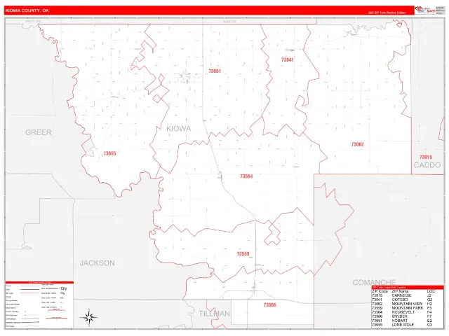 Kiowa County, OK ZIP Code Wall Map, RedLine style