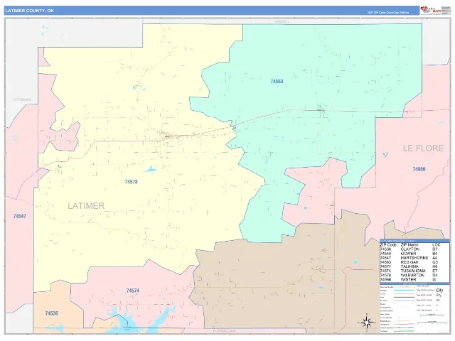 Latimer County, OK ZIP Code Wall Map, ColorCast style