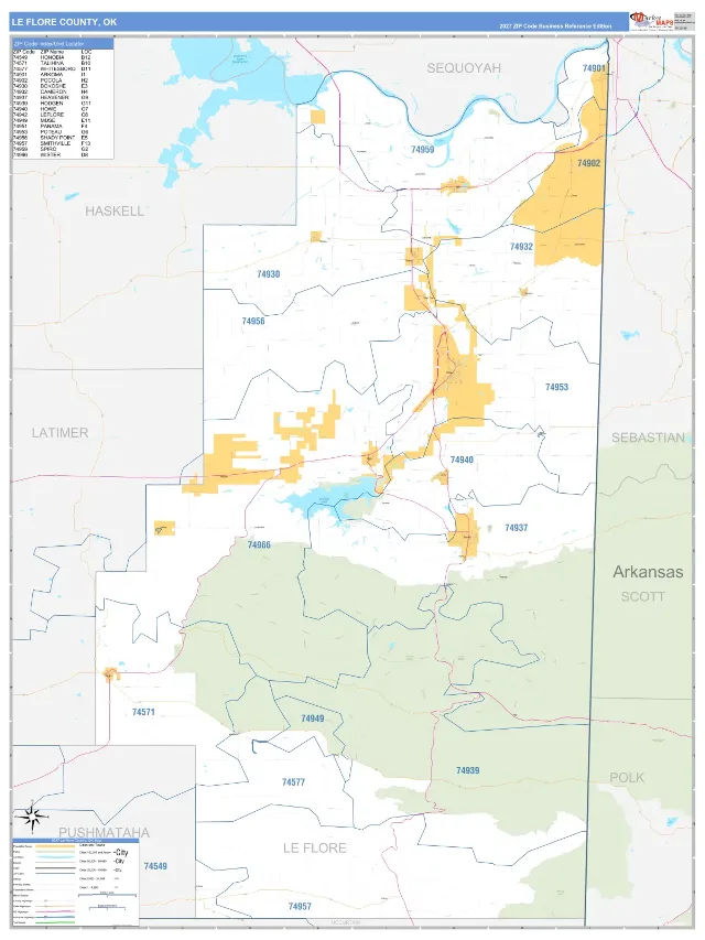 Le Flore County, OK ZIP Code Wall Map, Business Reference style