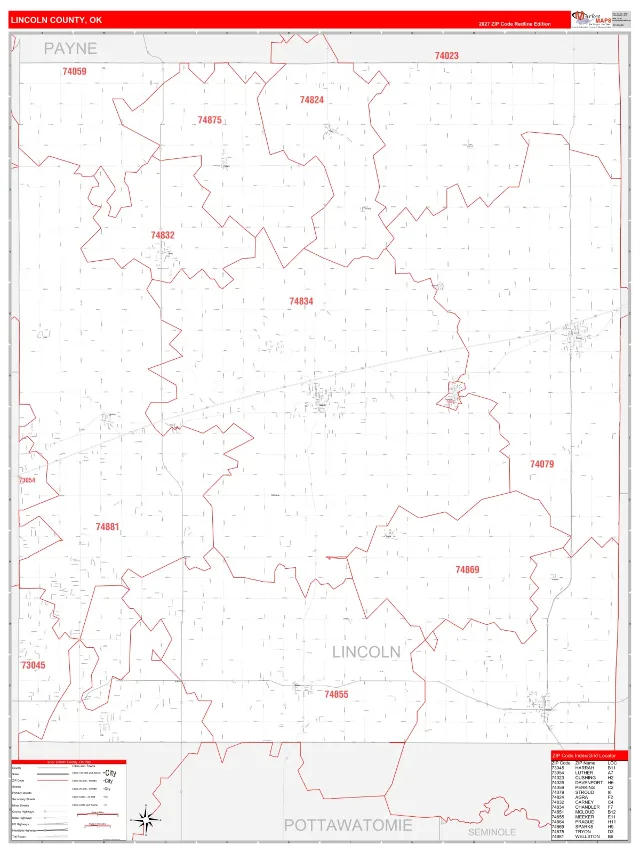 Lincoln County, OK ZIP Code Wall Map, RedLine style