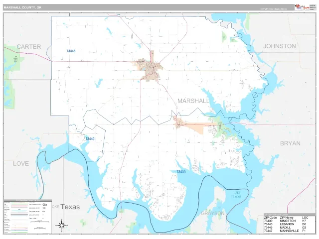 Marshall County, OK ZIP Code Wall Map, Classic style