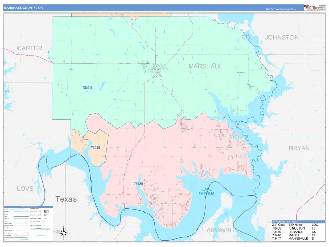 Marshall County, OK ZIP Code Wall Map, ColorCast style