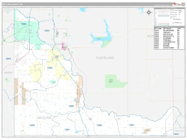 McClain County, OK ZIP Code Wall Map, Classic style