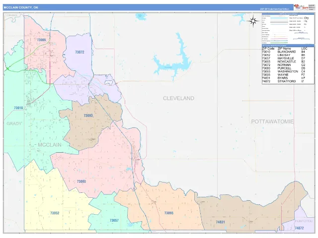 McClain County, OK ZIP Code Wall Map, ColorCast style