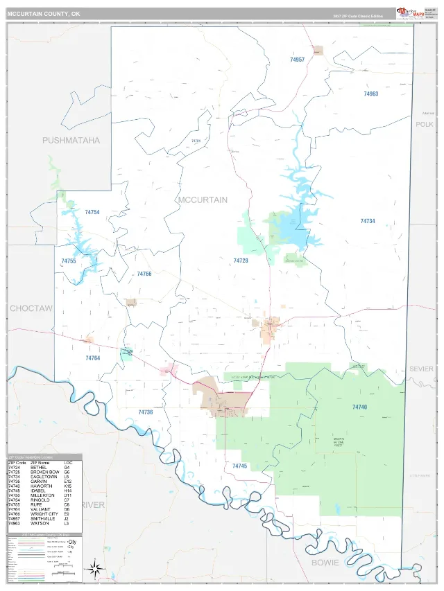 McCurtain County, OK ZIP Code Wall Map, Classic style