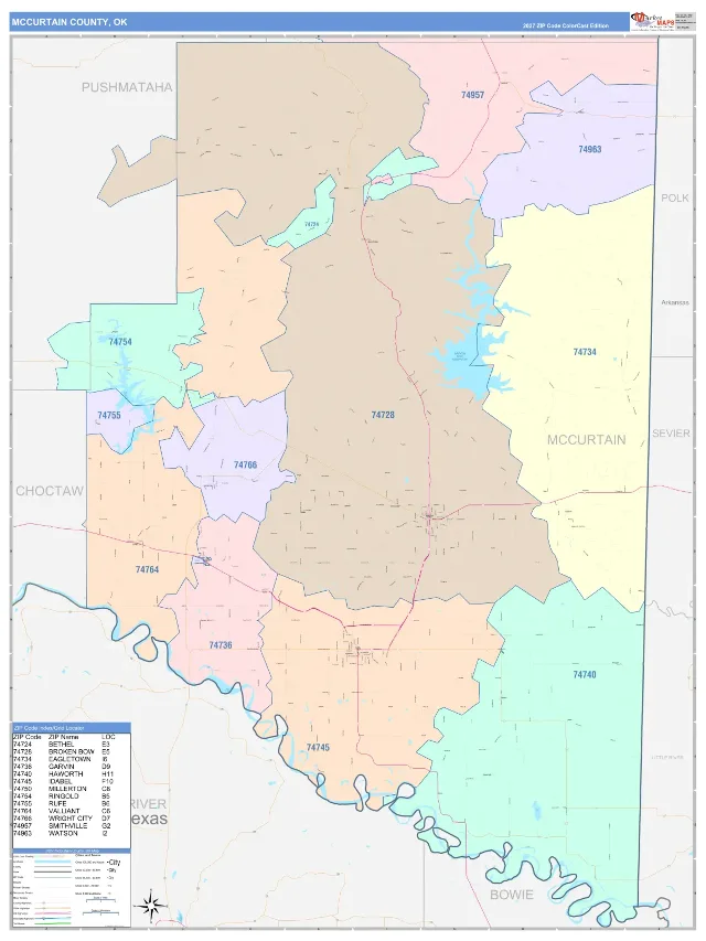 McCurtain County, OK ZIP Code Wall Map, ColorCast style