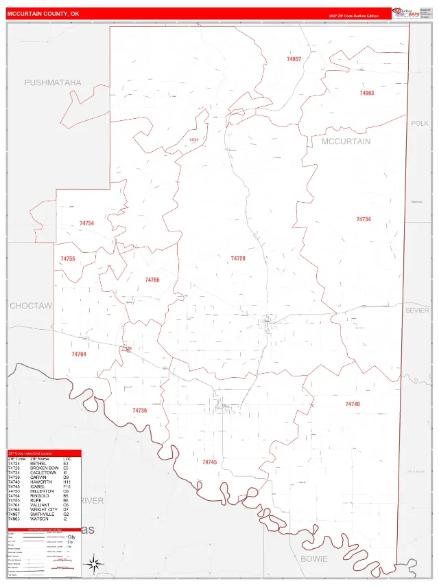 McCurtain County, OK ZIP Code Wall Map, RedLine style