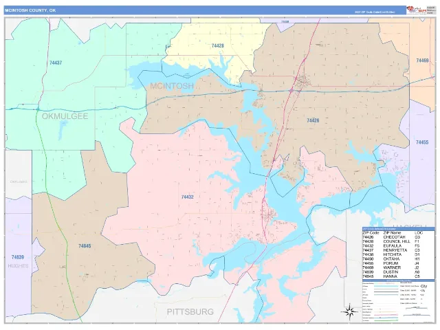 McIntosh County, OK ZIP Code Wall Map, ColorCast style