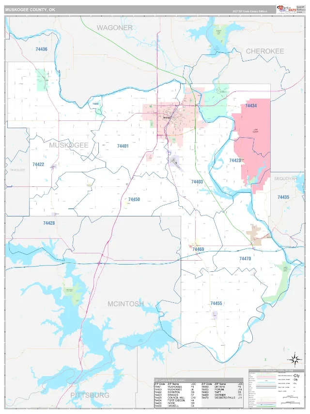 Muskogee County, OK ZIP Code Wall Map, Classic style
