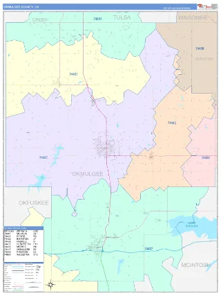 Okmulgee County, OK ColorCast style ZIP Code wall map