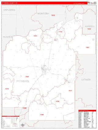 Pittsburg County, OK RedLine style ZIP Code wall map