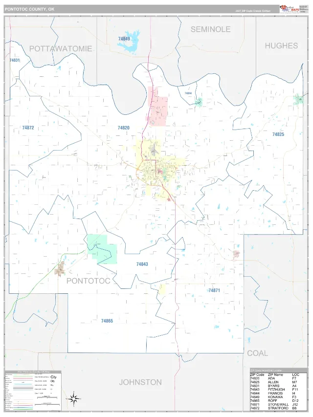 Pontotoc County, OK ZIP Code Wall Map, Classic style