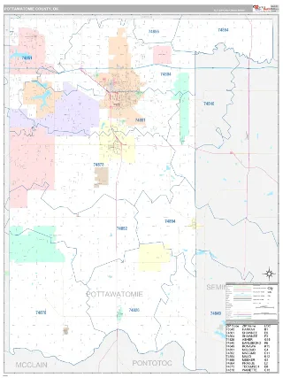 Pottawatomie County, OK Classic style ZIP Code wall map