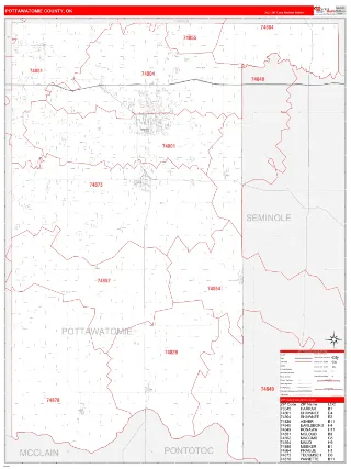 Pottawatomie County, OK RedLine style ZIP Code wall map