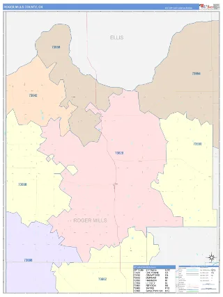 Roger Mills County, OK ColorCast style ZIP Code wall map