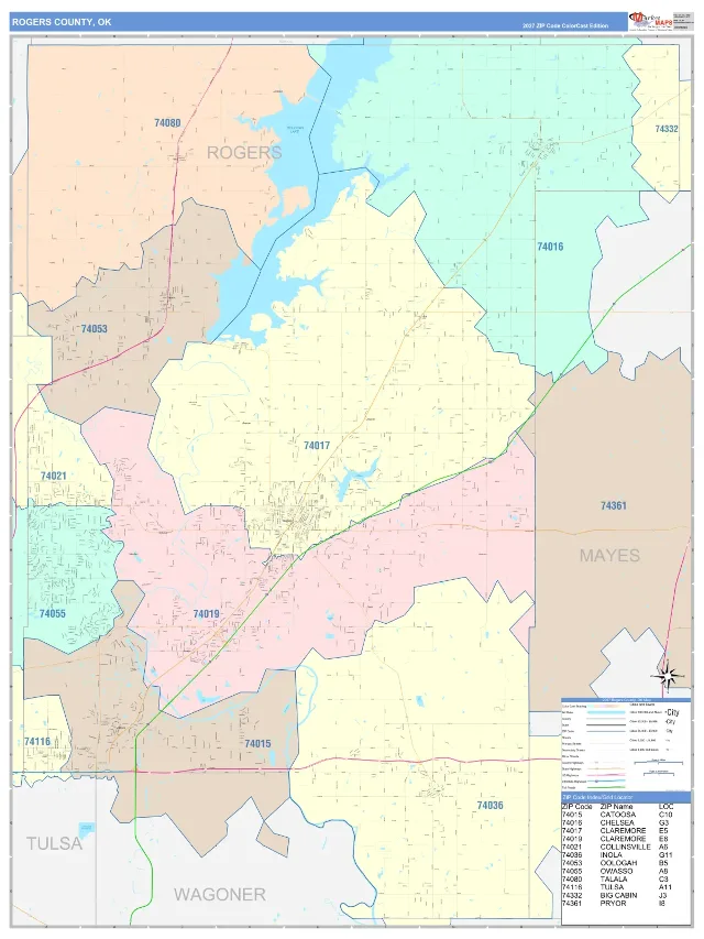 Rogers County, OK ZIP Code Wall Map, ColorCast style