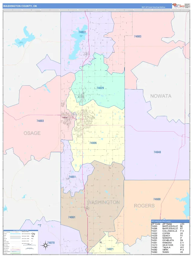 Washington County, OK ZIP Code Wall Map, ColorCast style