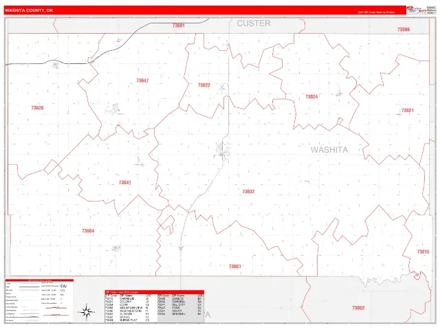 Washita County, OK ZIP Code Wall Map, RedLine style