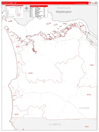 Clatsop County, OR RedLine style ZIP Code wall map