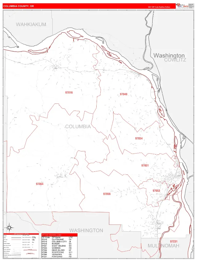 Columbia County, OR ZIP Code Wall Map, RedLine style