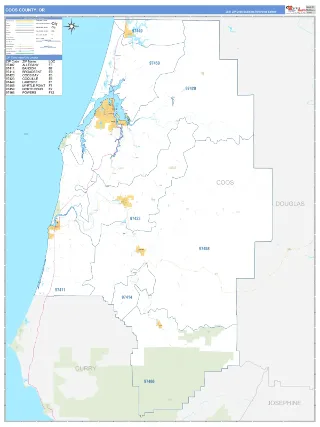 Coos County, OR Business Reference style ZIP Code wall map