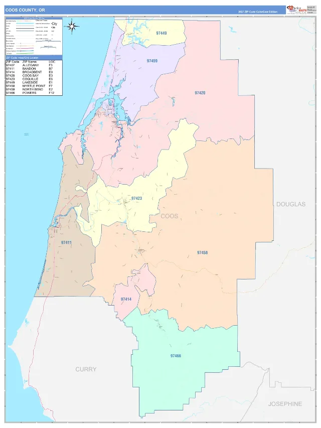 Coos County, OR ZIP Code Wall Map, ColorCast style