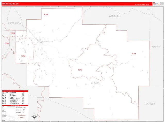 Crook County, OR ZIP Code Wall Map, RedLine style